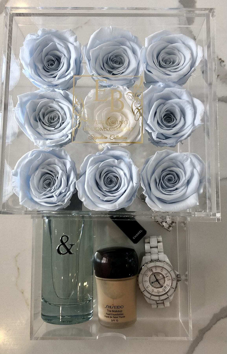 9 Rose Acrylic Crystal Box Blue I - Everlasting Blooms Vic