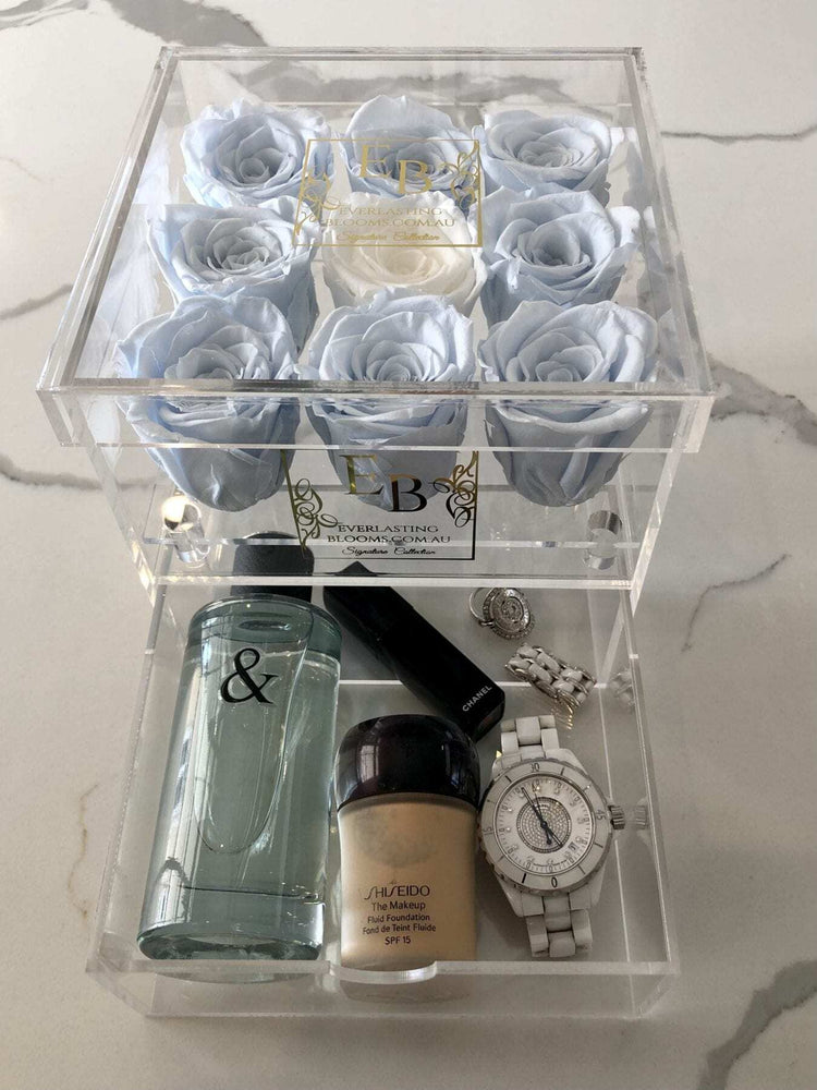 9 Rose Acrylic Crystal Box Blue I - Everlasting Blooms Vic