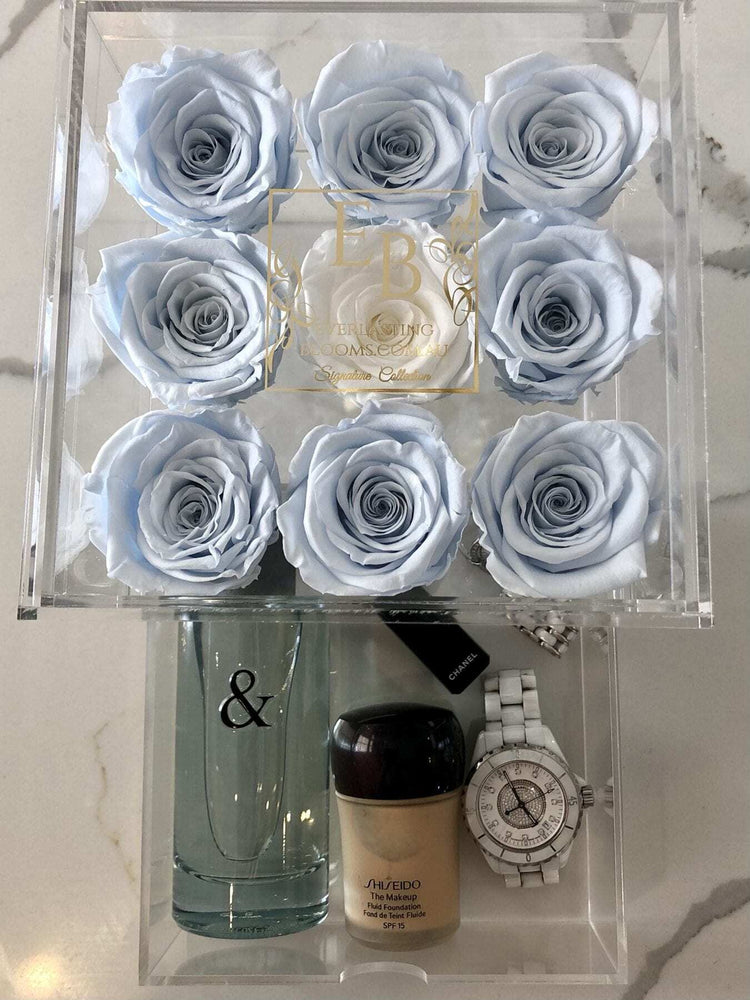 9 Rose Acrylic Crystal Box Blue I - Everlasting Blooms Vic