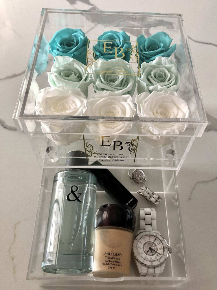 9 Rose Acrylic Crystal Box Green Ombre - Everlasting Blooms Vic