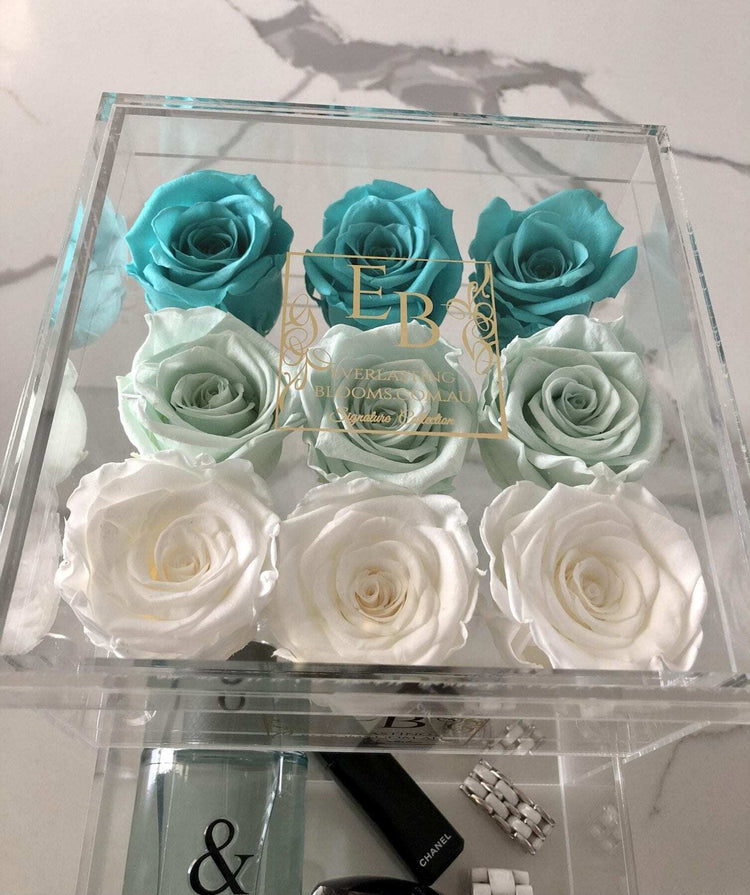 9 Rose Acrylic Crystal Box Green Ombre - Everlasting Blooms Vic