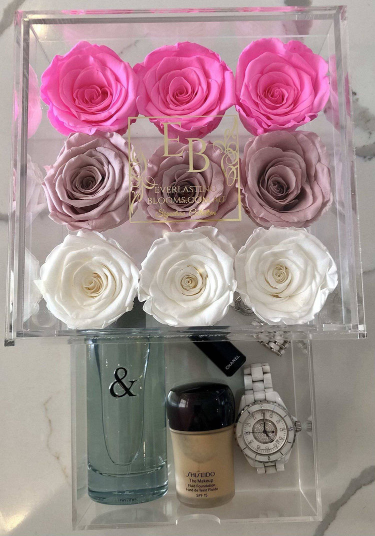 9 Rose Acrylic Crystal Box Pink Ombre - Everlasting Blooms Vic