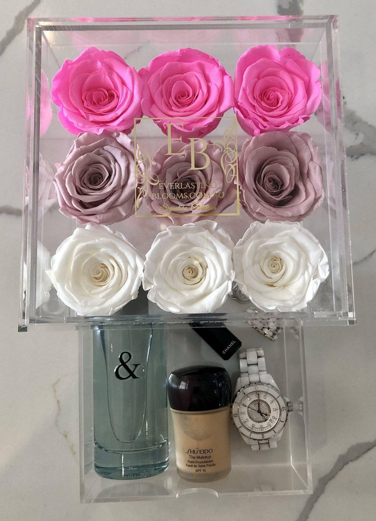 9 Rose Acrylic Crystal Box Pink Ombre - Everlasting Blooms Vic