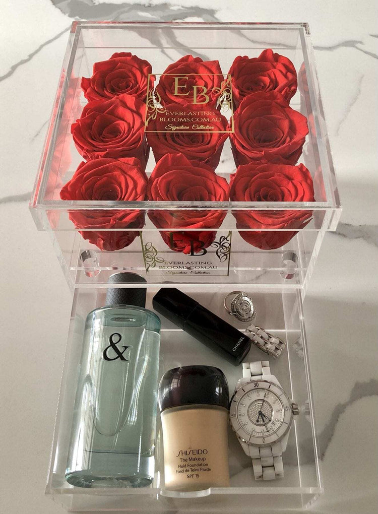 9 Rose Acrylic Crystal Box Red - Everlasting Blooms Vic