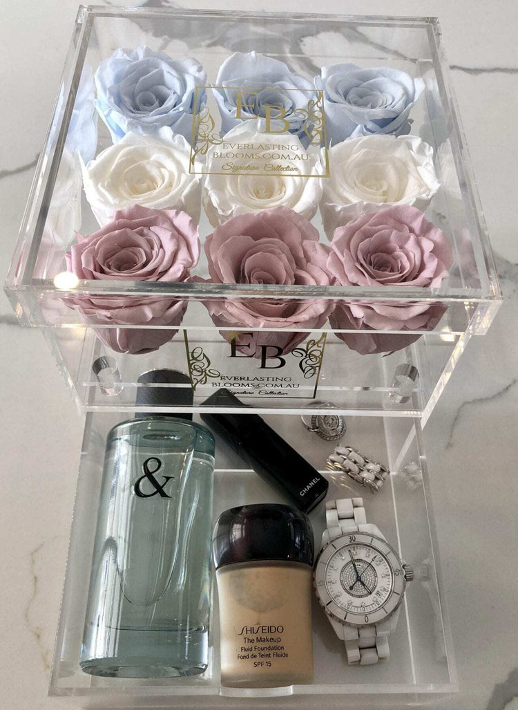 9 Rose Acrylic Crystal Box Sweet Hues - Everlasting Blooms Vic