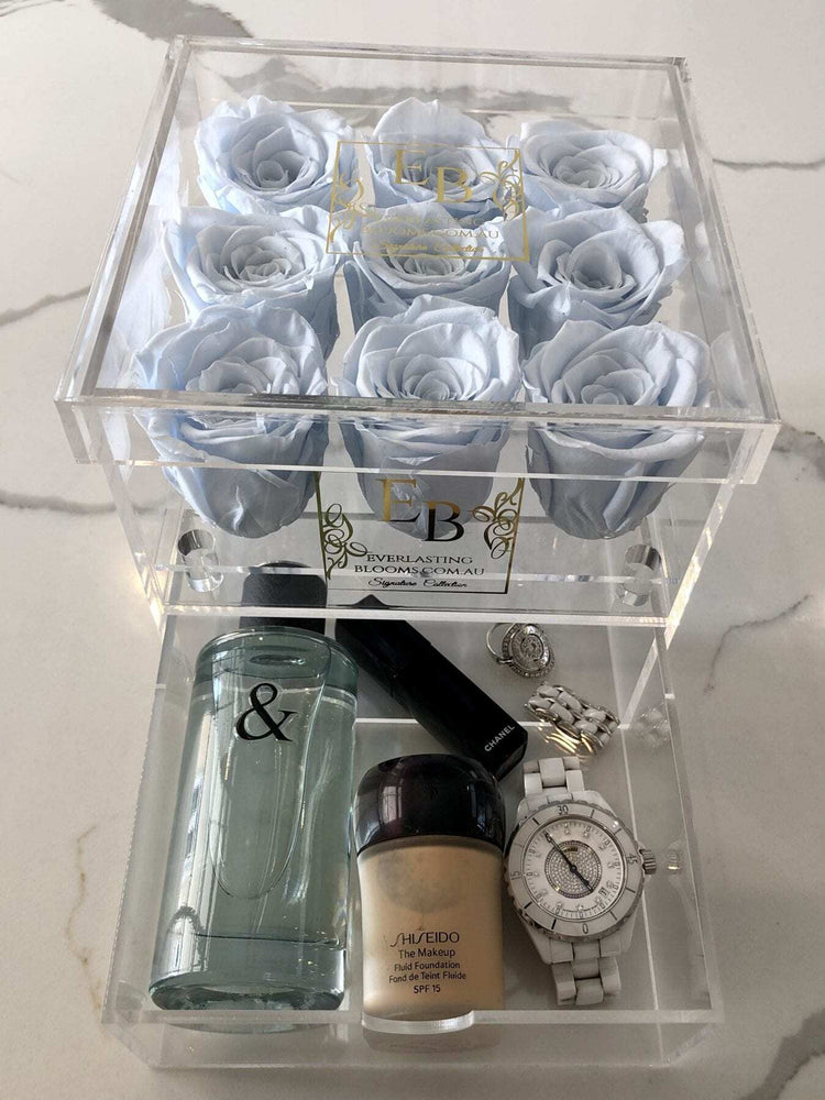 9 Rose Acrylic Crystal Love Box Light Blue - Everlasting Blooms Vic