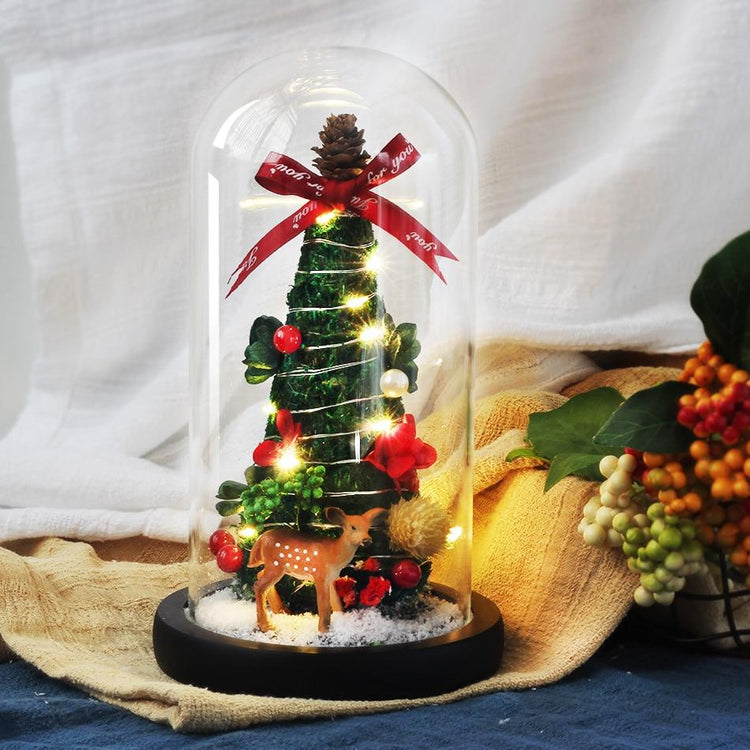 Raindeer at Christmas in Glass Rose Dome with LED.