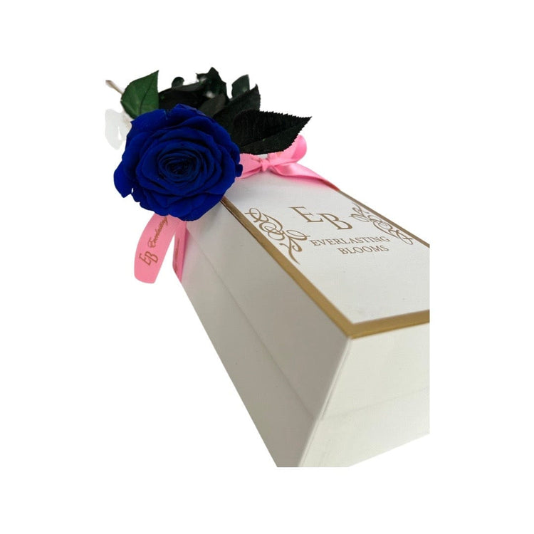 Long Stem rose with white hat box - Royal Blue.