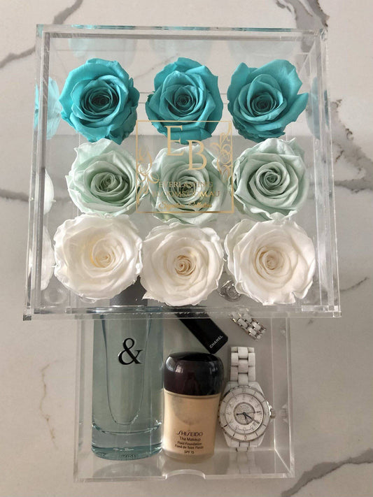 9 Rose Acrylic Crystal Box Green Ombre - Everlasting Blooms Vic