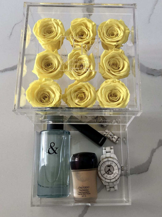 9 Rose Acrylic Crystal Box Yellow - Everlasting Blooms Vic