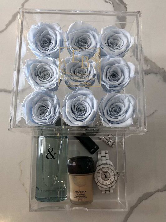 9 Rose Acrylic Crystal Love Box Light Blue - Everlasting Blooms Vic