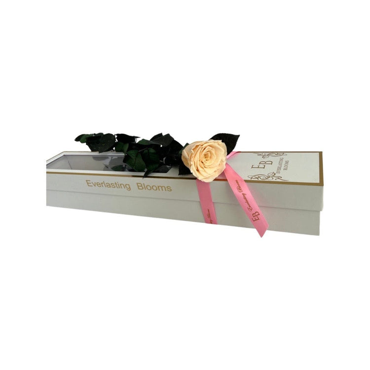 Long Stem rose with white hat box - Champagne.